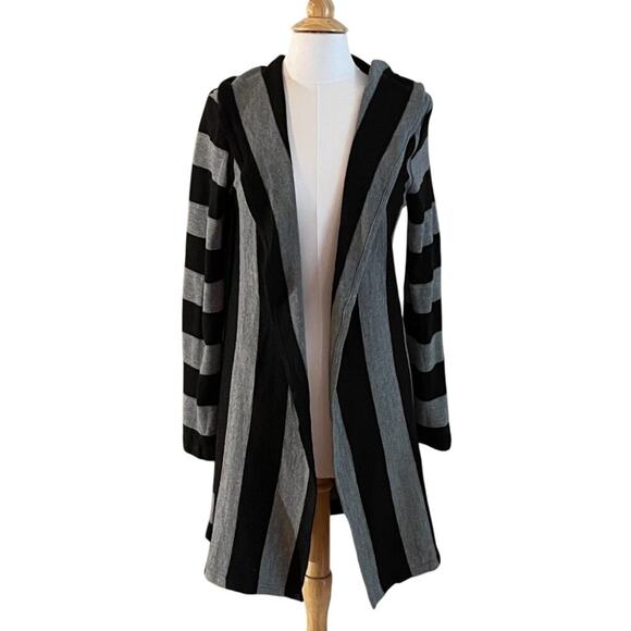 Ya Los Angeles Cotton Blend Black Gray Stripe Long Open Cardigan Sweater Hood L - Picture 1 of 10